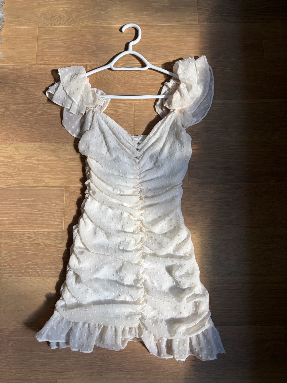 Zara Cream Ruched Mini Dress with Ruffle Sleeves